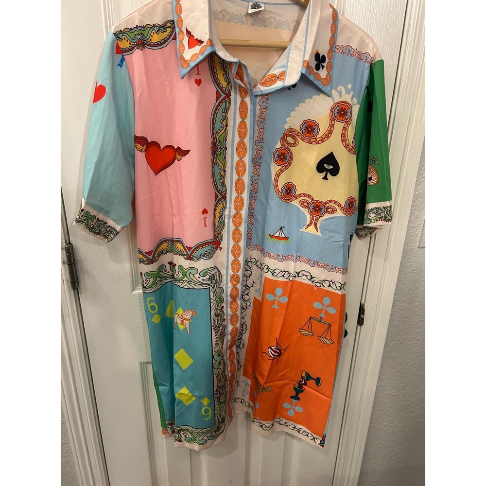 Likemychoice Shirt Dress casino Vegas Playing Card Print Short Sleeve Button Up